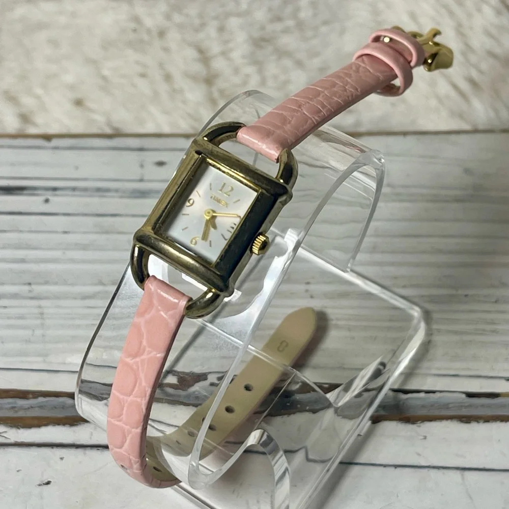 NEW BATTERY Y2K Timex Women’s Watch Pink Rose Leather Band Minimalist Gold‎ Tone